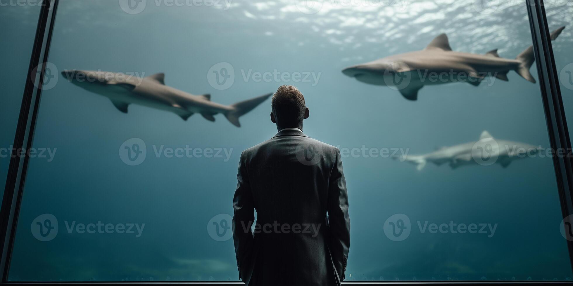 Man in suit admires sharks swimming in aquarium while contemplating the underwater world photo