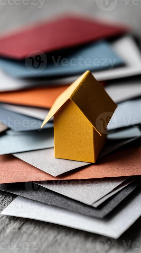 Colorful paper house stands out among scattered credit report letters on a wooden table photo