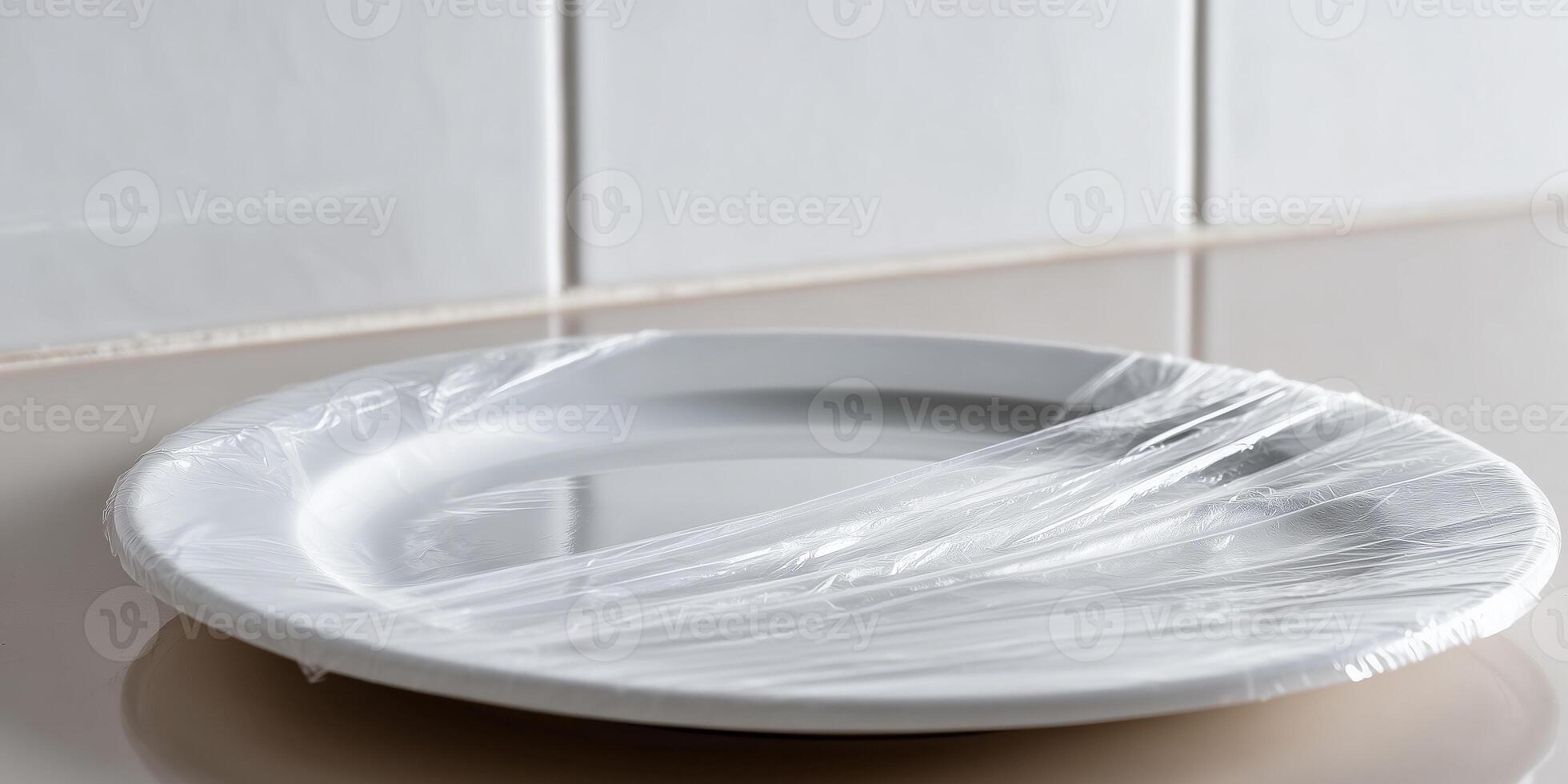 Plastic food wrap covers an empty white plate resting on a smooth surface in a kitchen setting photo