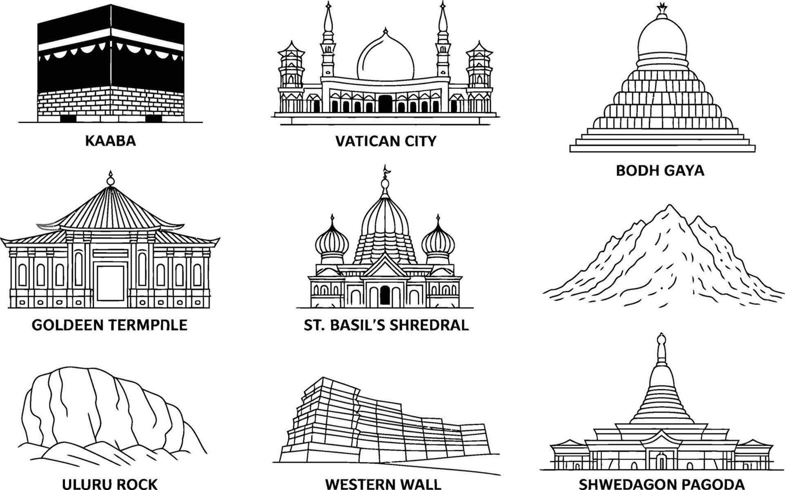 Iconic landmarks and religious sites worldwide illustrated in minimalist black and white line art vector