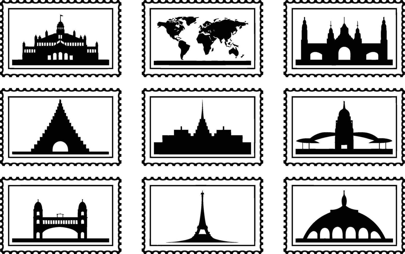 Vintage travel stamps showcasing global landmarks and a world map in silhouette style vector