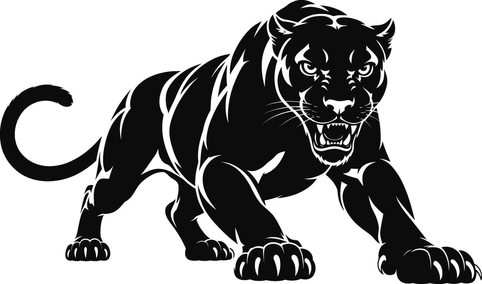 Fierce black panther silhouette roaring aggressively in a ready to pounce stance. vector