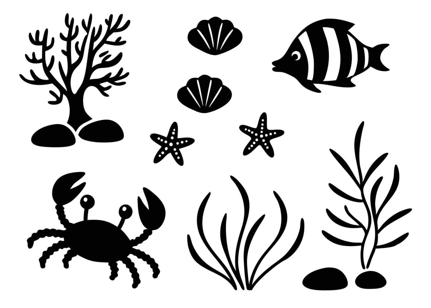 Black and white underwater sea life collection featuring fish, crab, starfish, and seaweed vector
