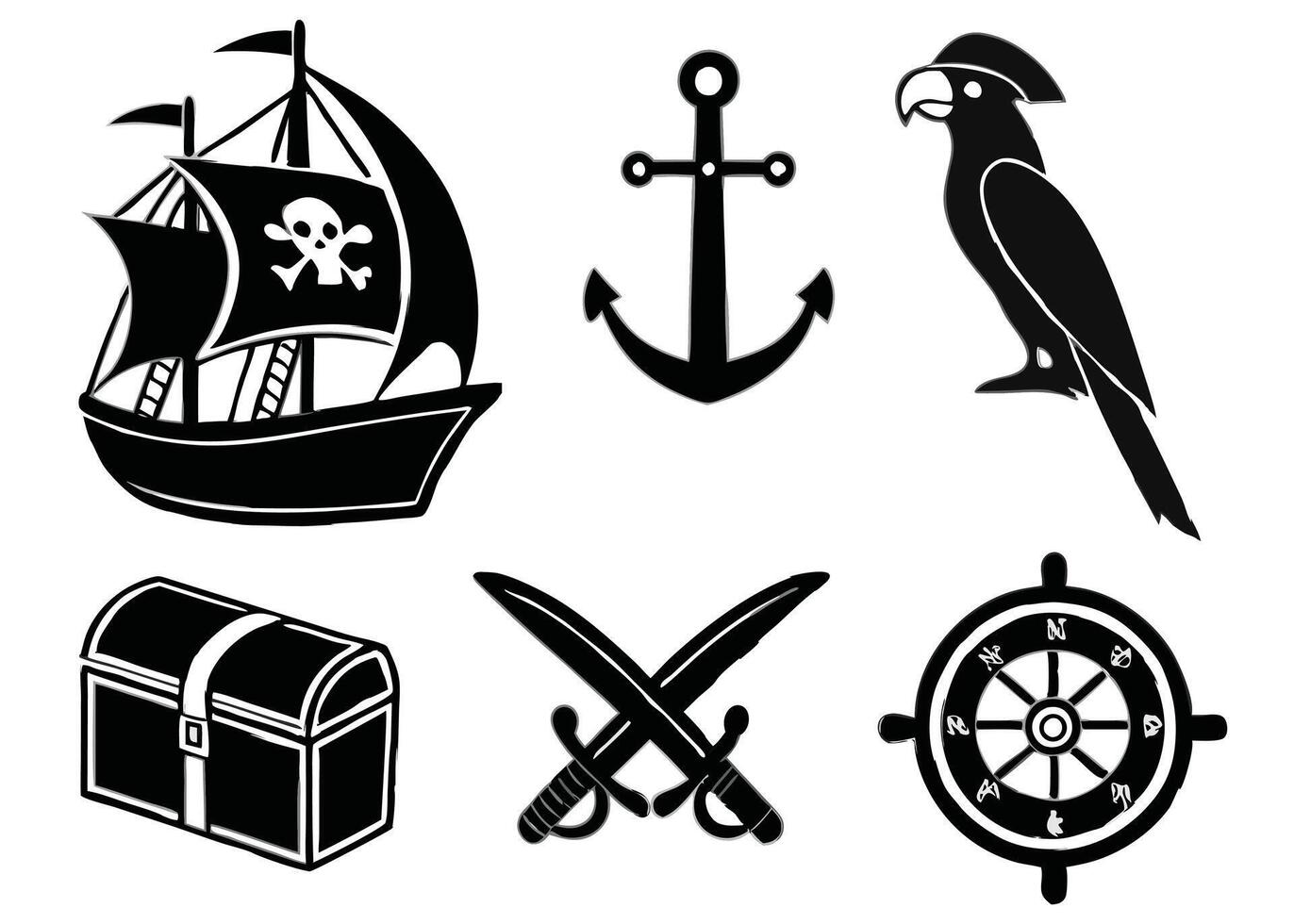 Black and white pirate theme elements including ship anchor parrot treasure chest swords and wheel vector