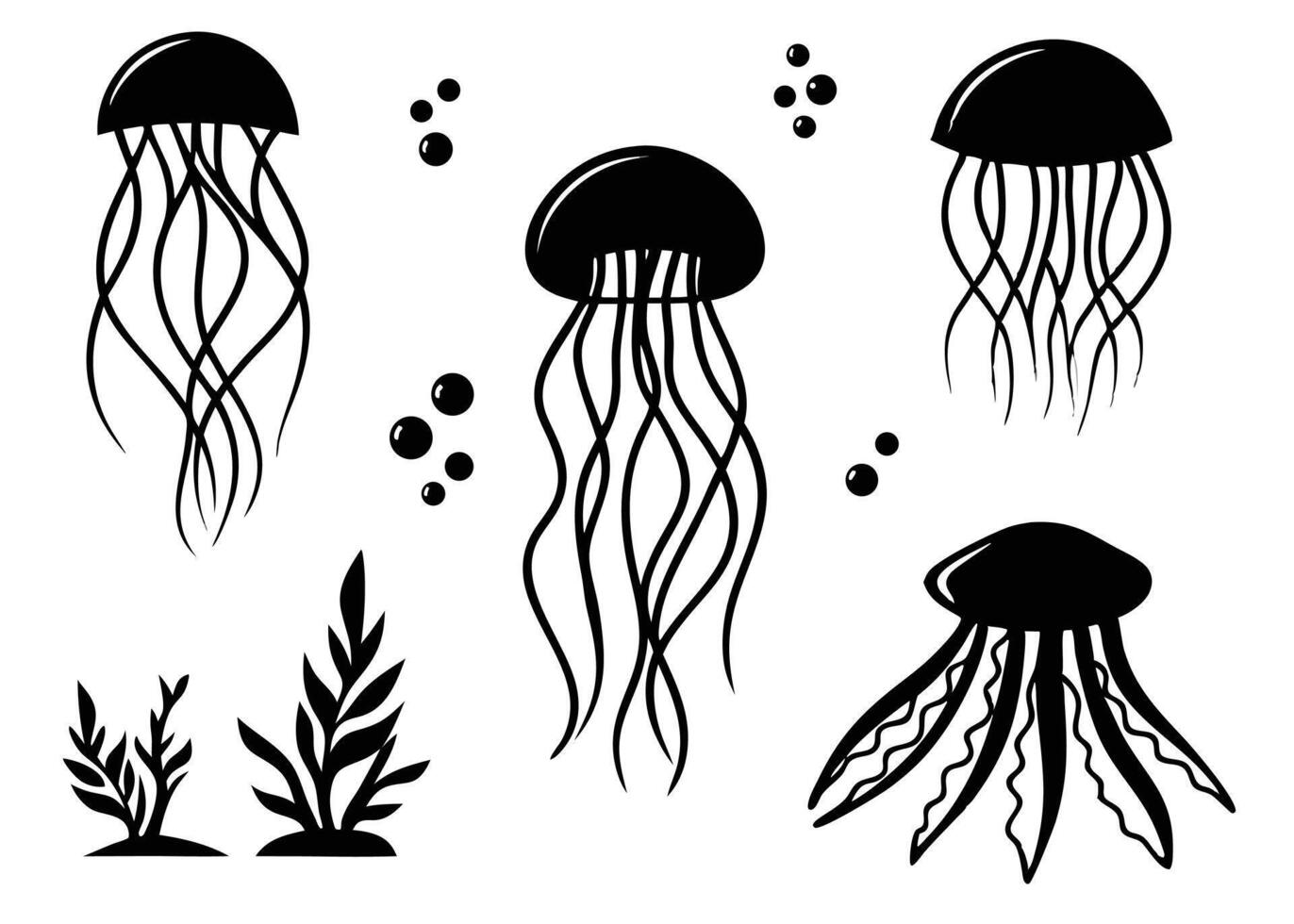 Black and white silhouette illustration of jellyfish seaweed and bubbles in underwater scene vector
