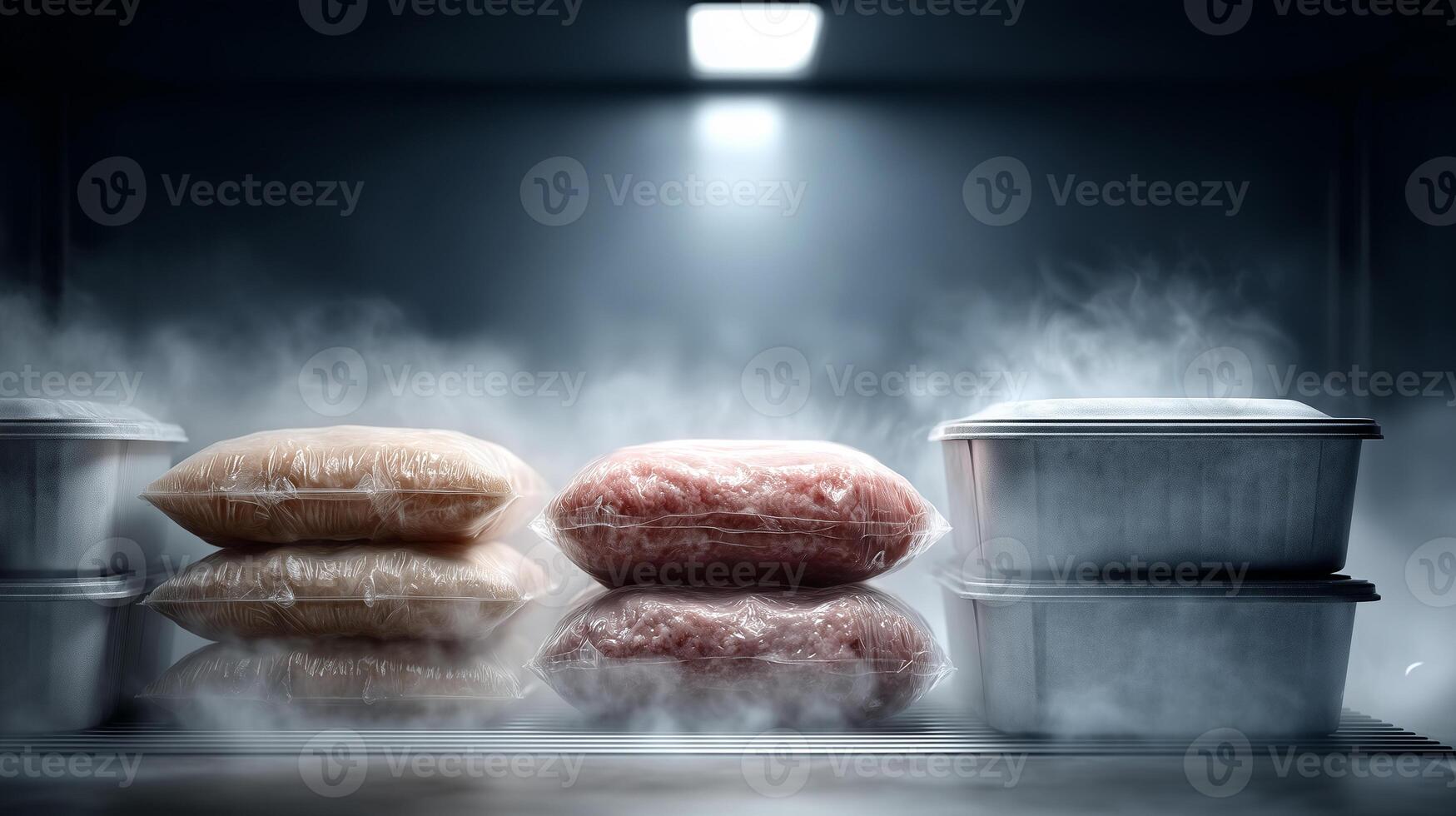 Well-organized freezer showcasing neatly arranged frozen items in a cold, clean environment photo