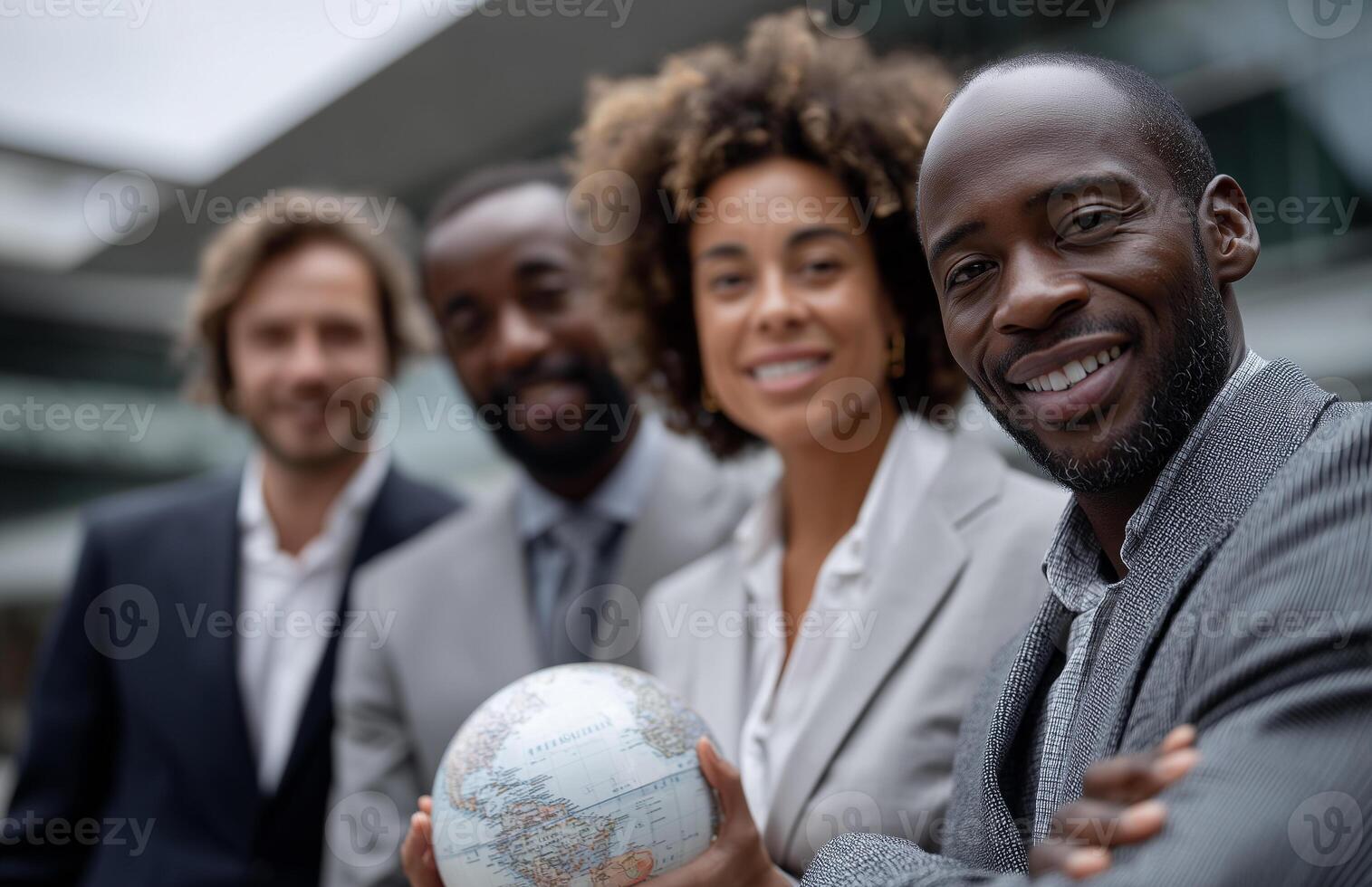 Business team collaborates with globe symbolizing international cooperation in dynamic office setting photo