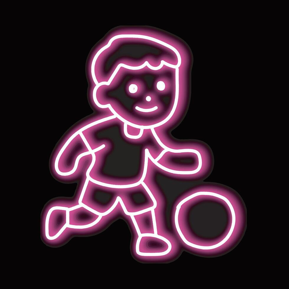 Neon art of a little boy playing ball isolated on a black background. A little boy playing ball icon with glowing neon lines. vector