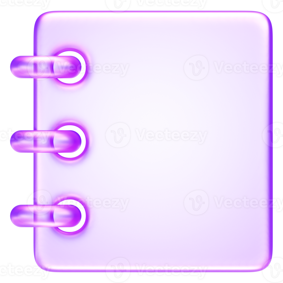 Purple translucent notebook with spiral binding, rendered in 3D. Useful for illustrating notes, documentation, journals, or scheduling concepts png