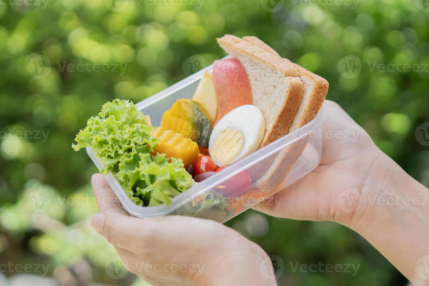 Women's hands hold lunchbox of healthy food over nature background. Healthy eating concept. photo
