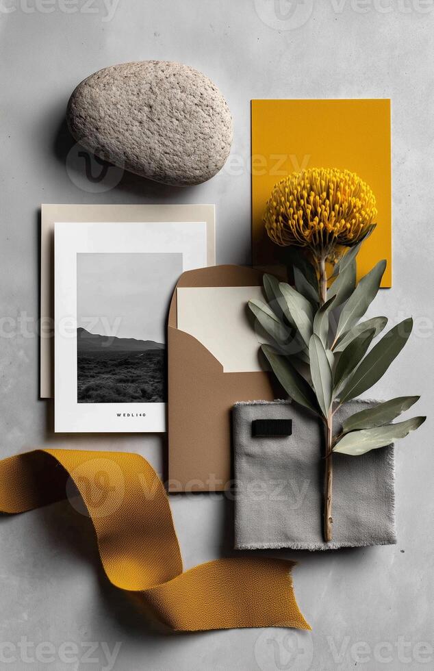 Elegant wedding invitation flat lay featuring flowers, ribbons, and a tranquil color palette photo