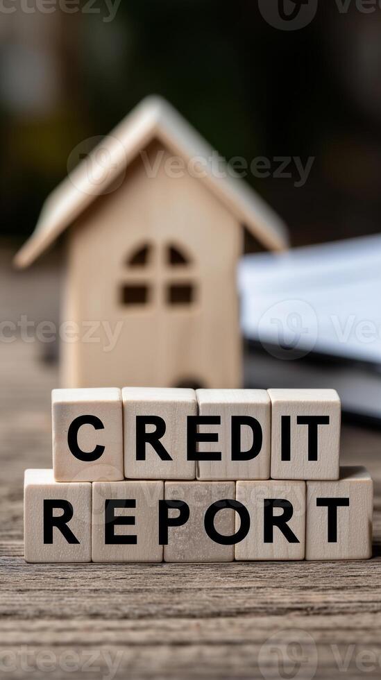 Model house and credit report letters emphasize financial health and housing decisions photo