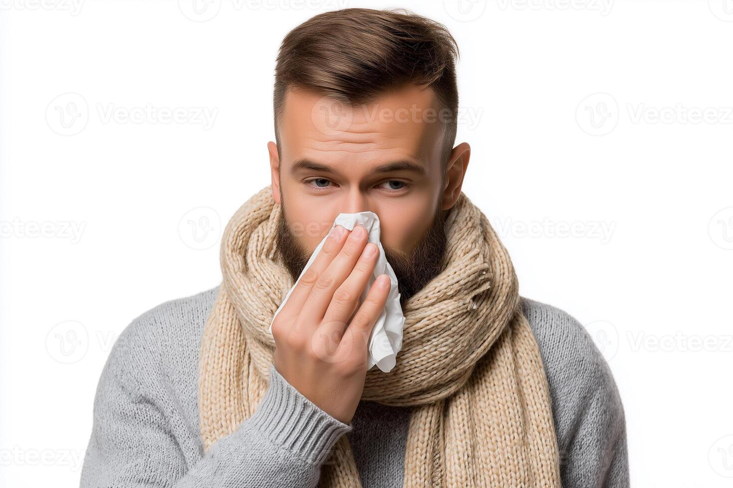 Man in scarf sneezing into tissue on white background, highlighting the effects of cold weather or allergies photo