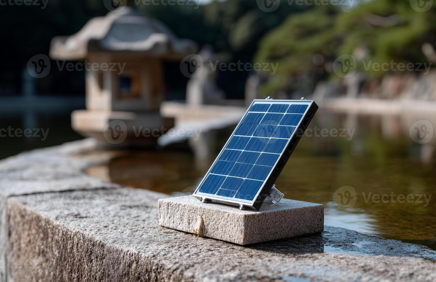 DIY thin solar panel kit on a stone ledge beside serene water feature in a peaceful garden setting photo