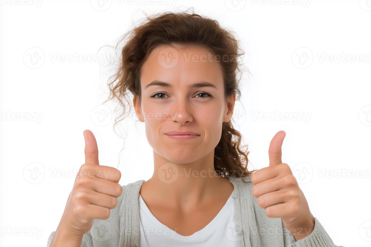 Woman gives thumbs up and winks, expressing confidence and positivity on a bright white background photo