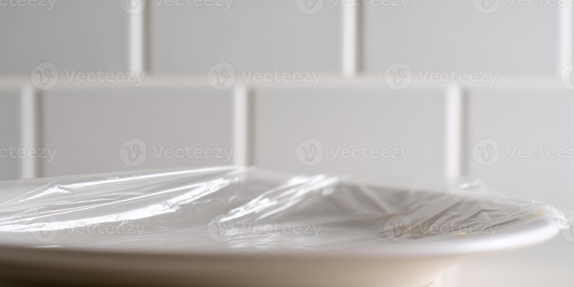 Plastic food wrap stretched over an empty white plate on a kitchen countertop with a white tiled background photo