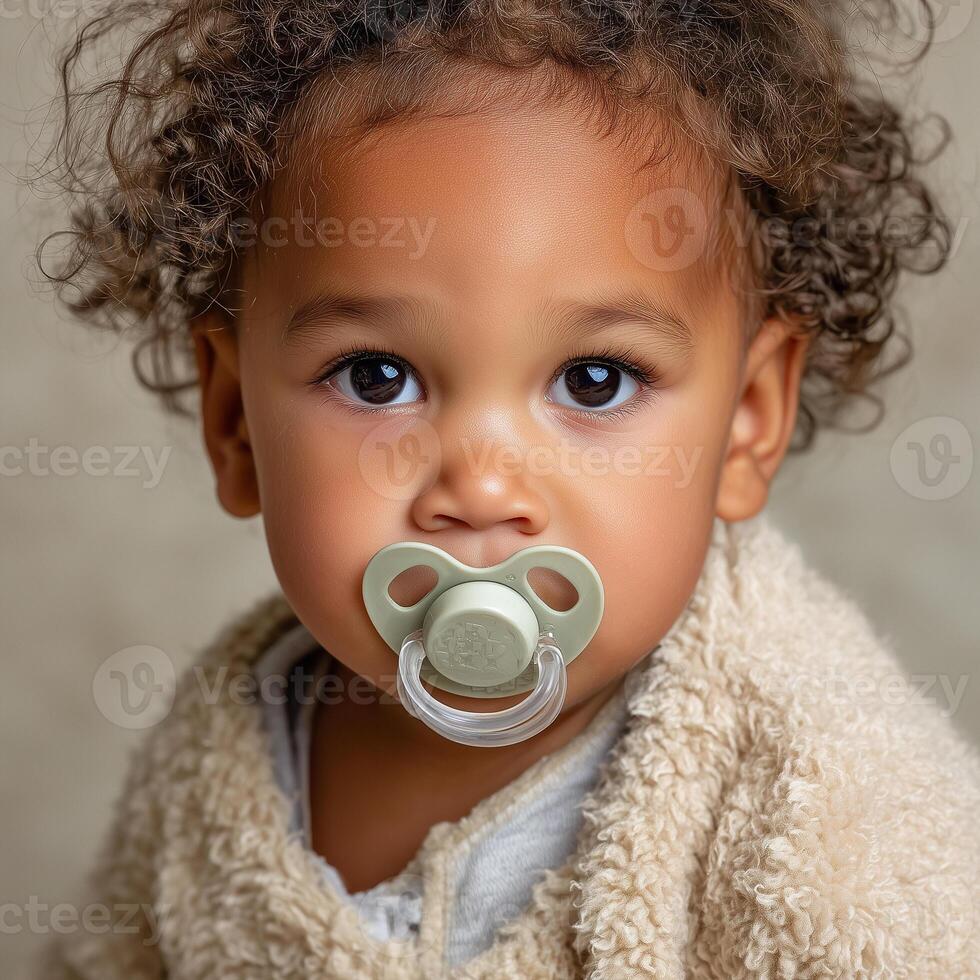 Portrait of a toddler with pacifier displaying a neutral expression against a cream backdrop photo