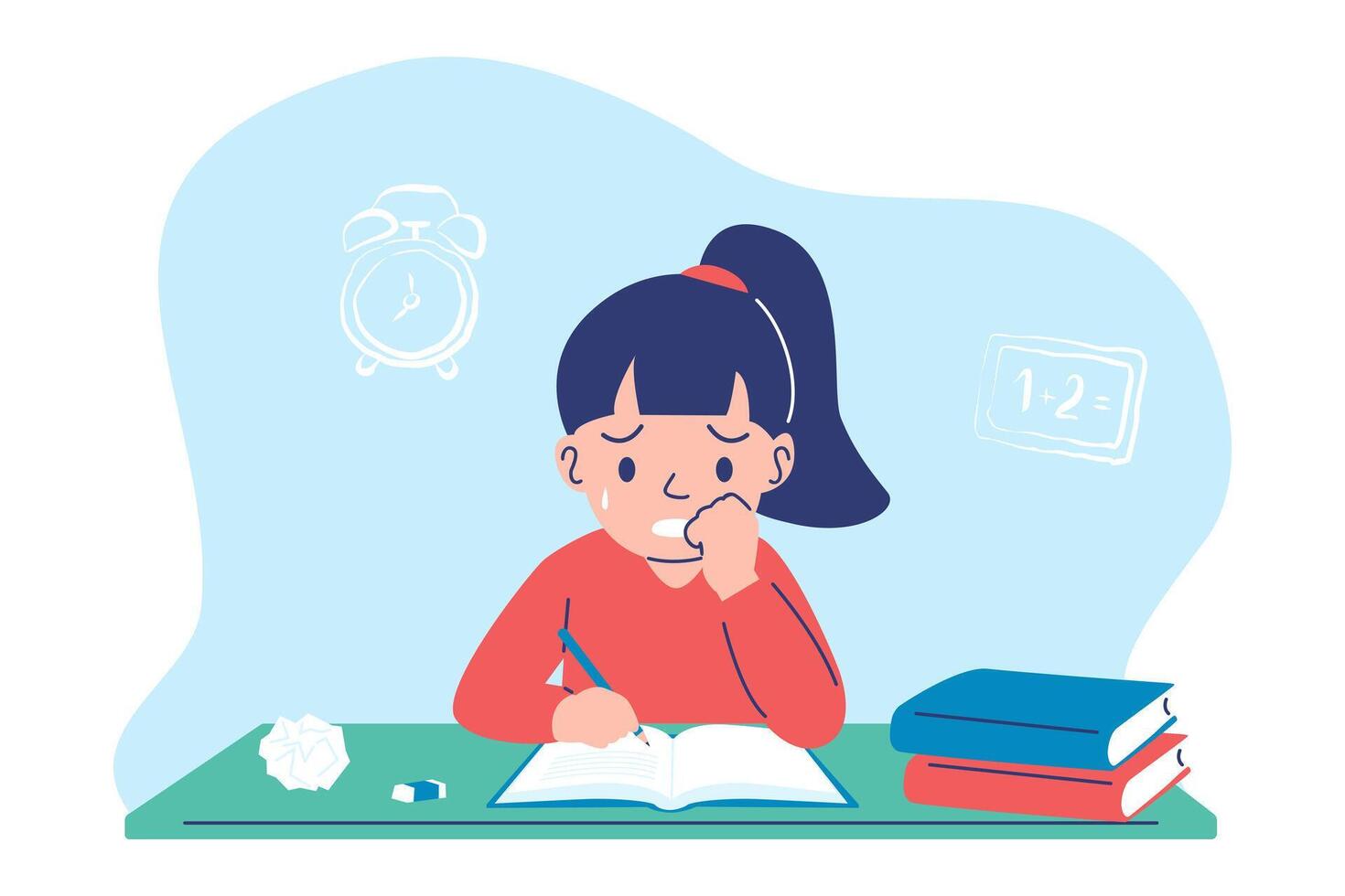 Student studying at desk with books vector