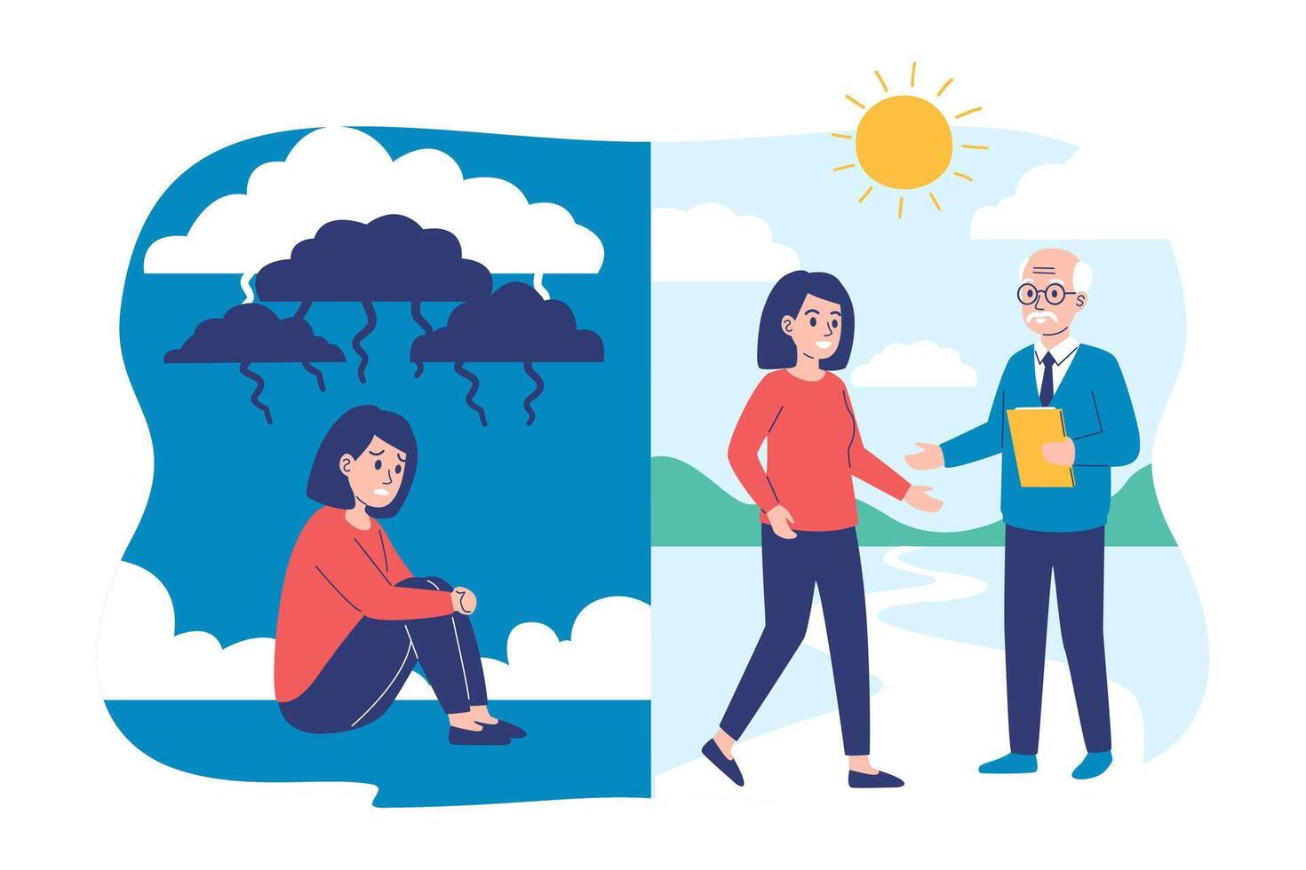 Woman transitioning from sadness to happiness vector