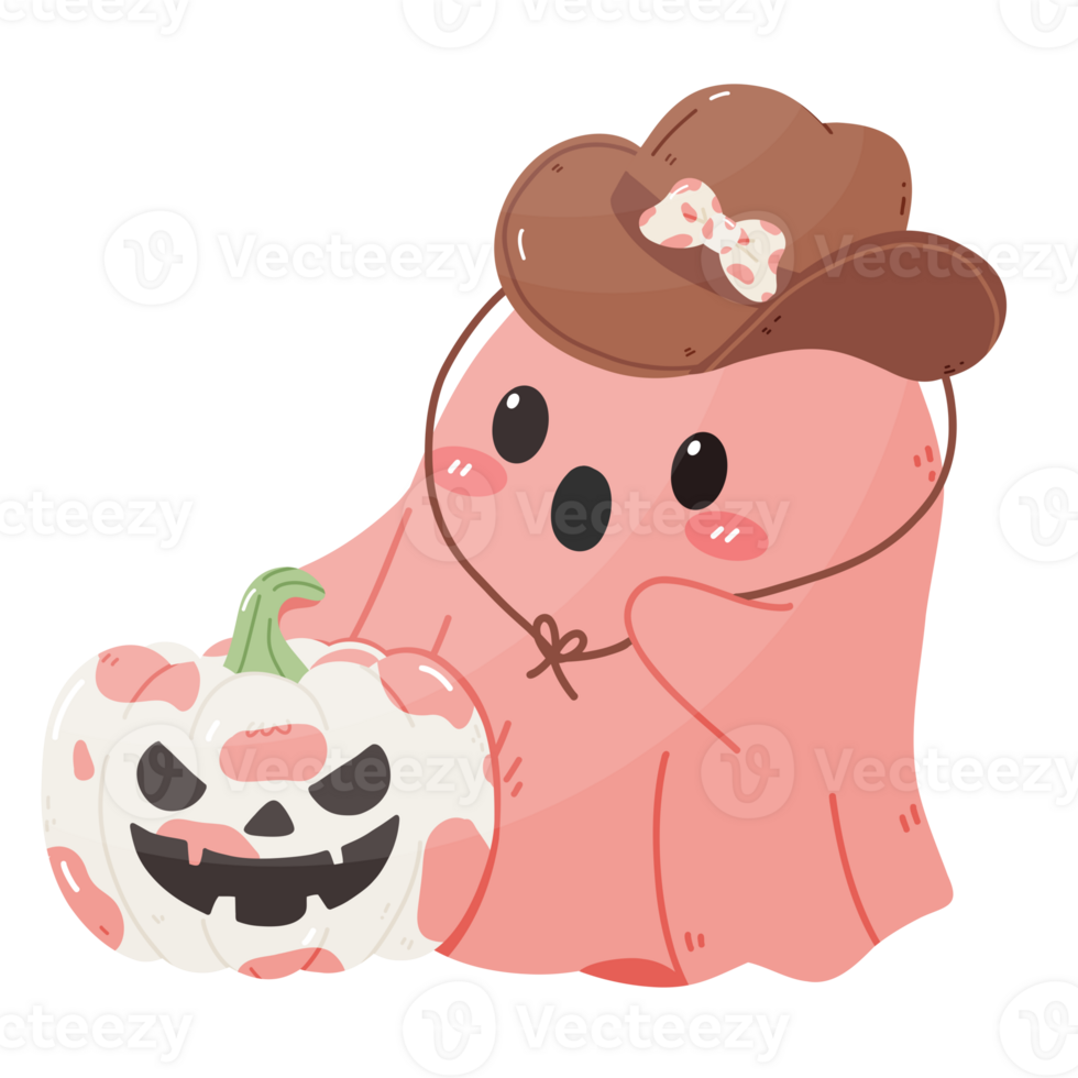 Pink Polka Dot Ghost with Cowboy pumpkin png