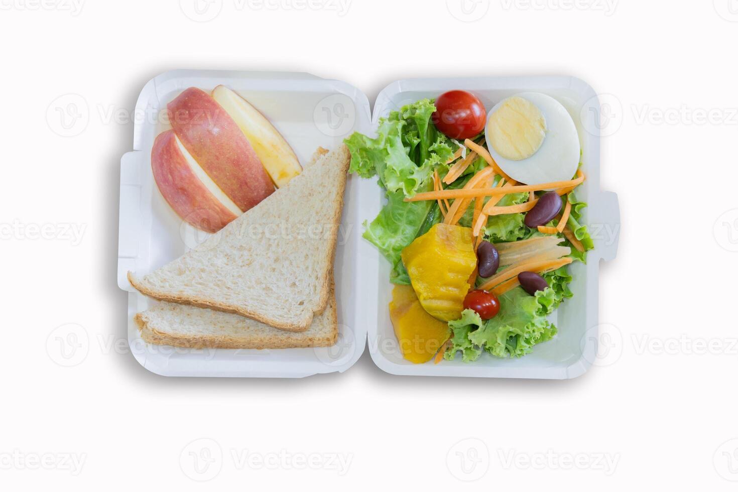 Takeaway food container box mockup with bread, vegetable and fruit isolate on white background. photo