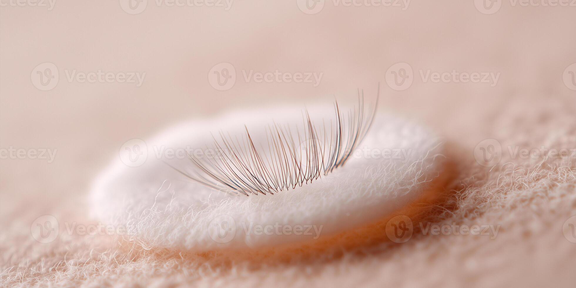 Close-up of a single eyelash placed on a white cotton pad against a soft peach backdrop photo