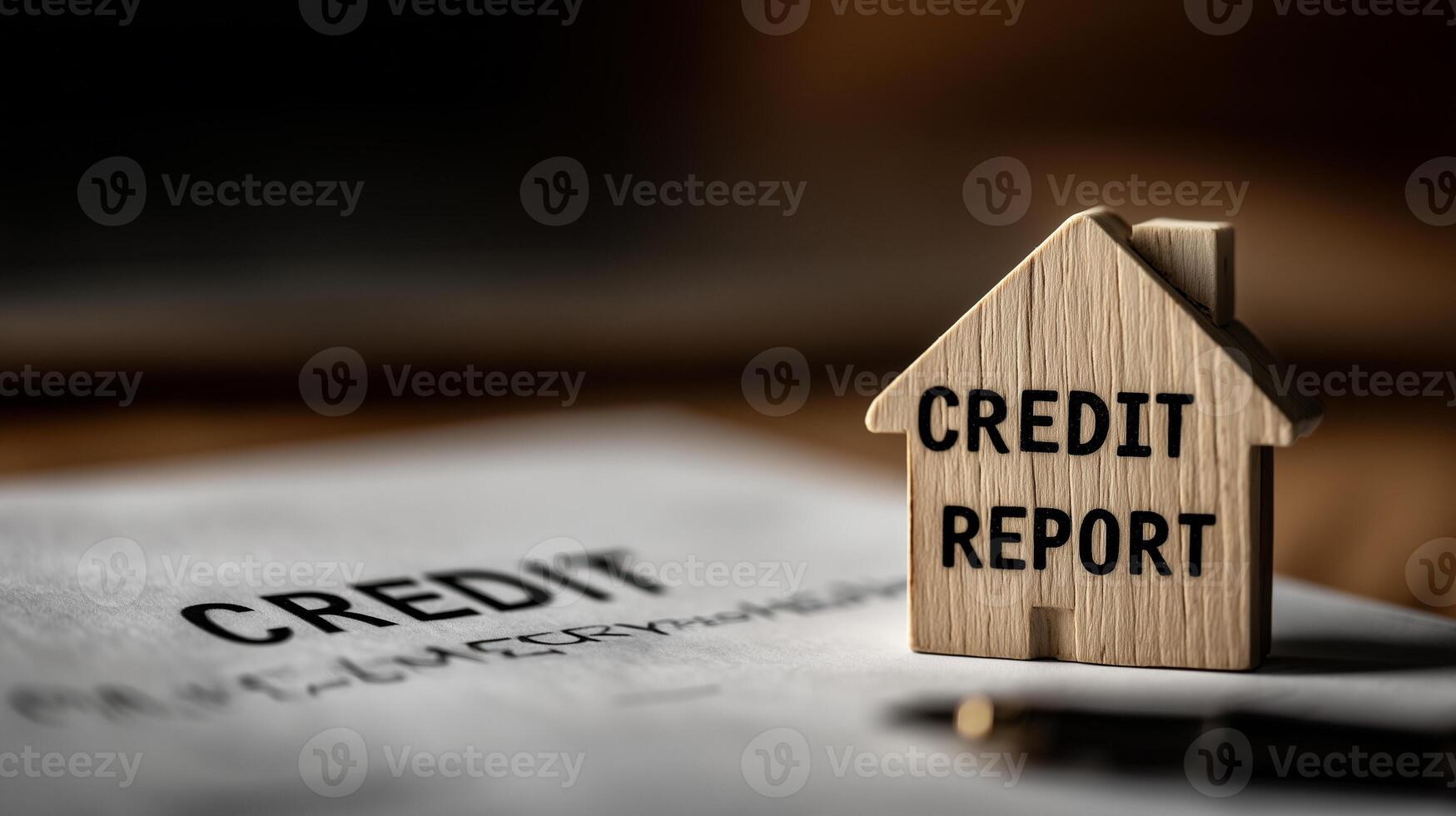 Paper house symbolizes financial responsibility next to credit report letters and a pen on a wooden table photo