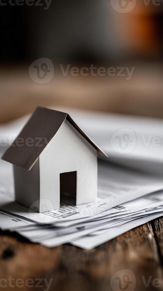 Paper house sits atop credit report letters in a cozy indoor setting during daylight photo