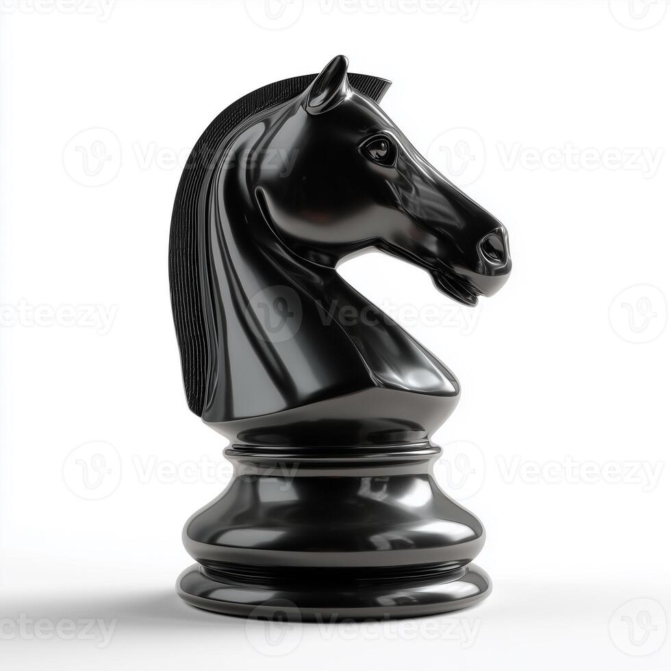 Glossy black chess knight stands out against white background, showcasing intricate design and craftsmanship photo
