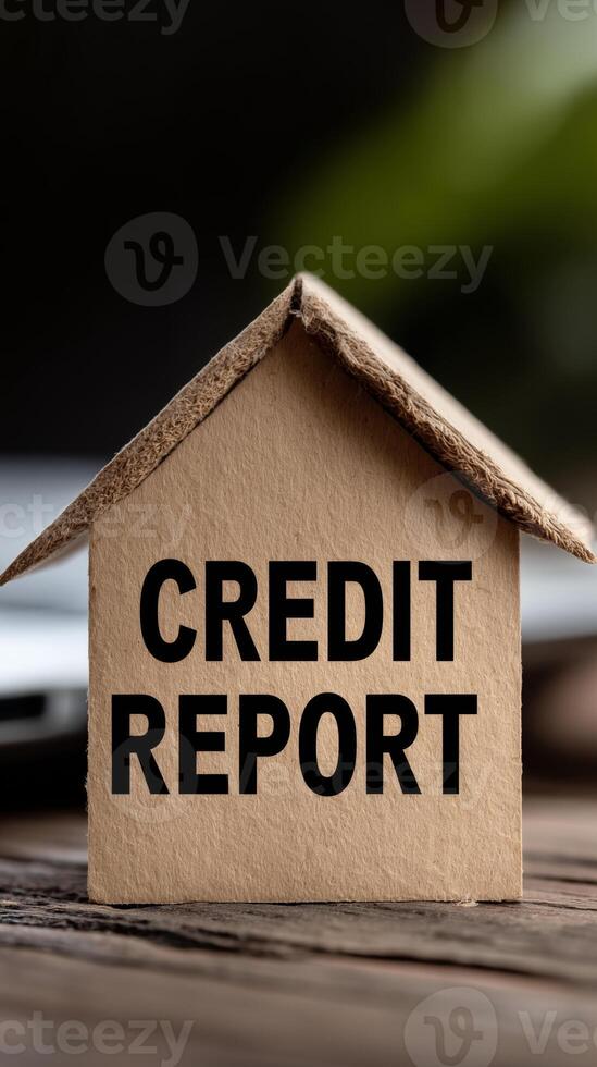 Paper house displaying credit report letters reflects financial management themes in a creative setup photo