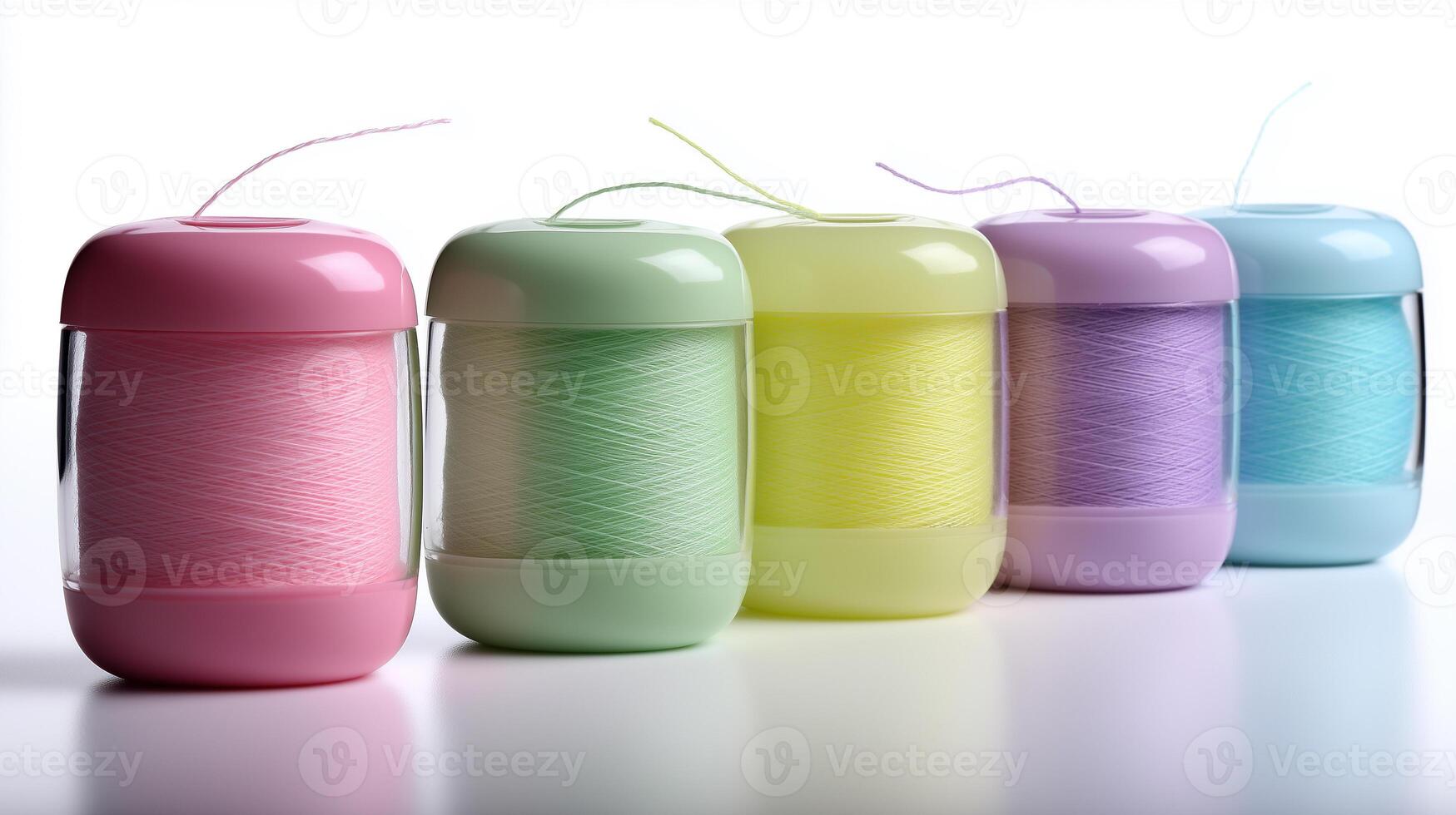 Colorful dental floss containers arranged on a white background for personal care and oral hygiene photo