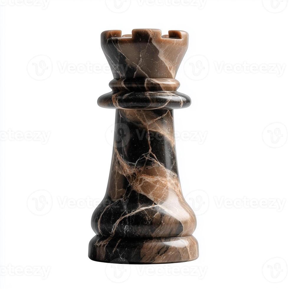 Smooth marble chess rook isolated on white background showcasing intricate patterns and craftsmanship photo