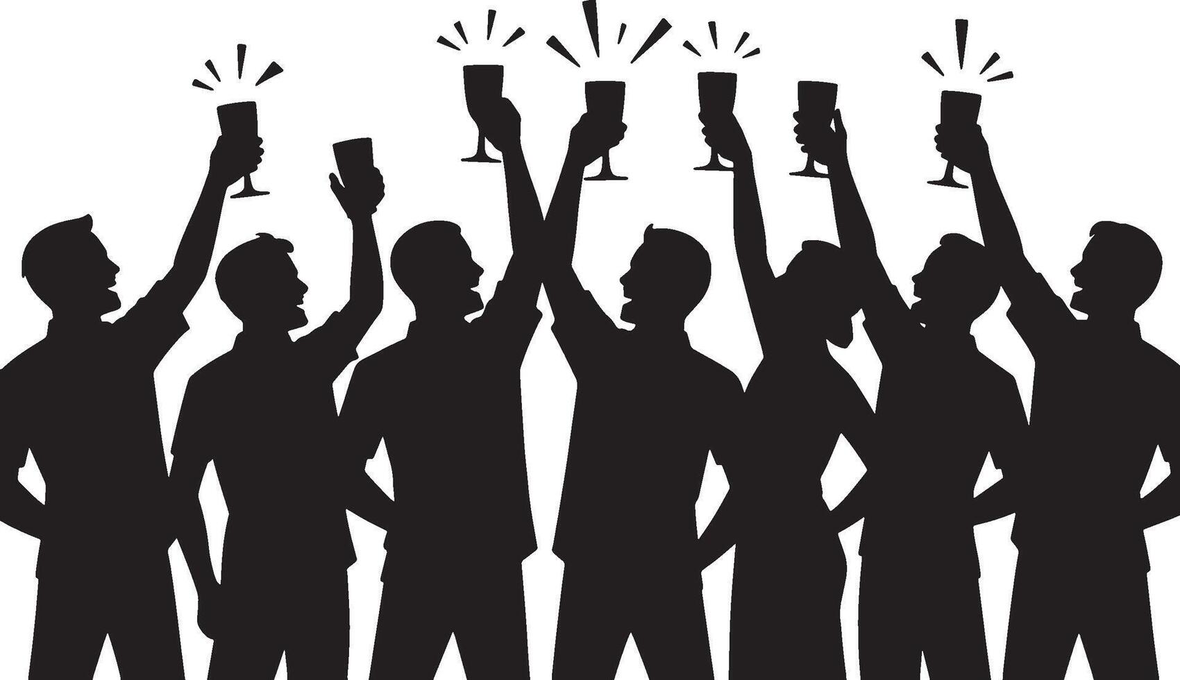 People Cheering Silhouette Group Celebration with Raised Glasses, Success, Party, Cheers, Friends, Teamwork, Happy Moment, Festive Event vector
