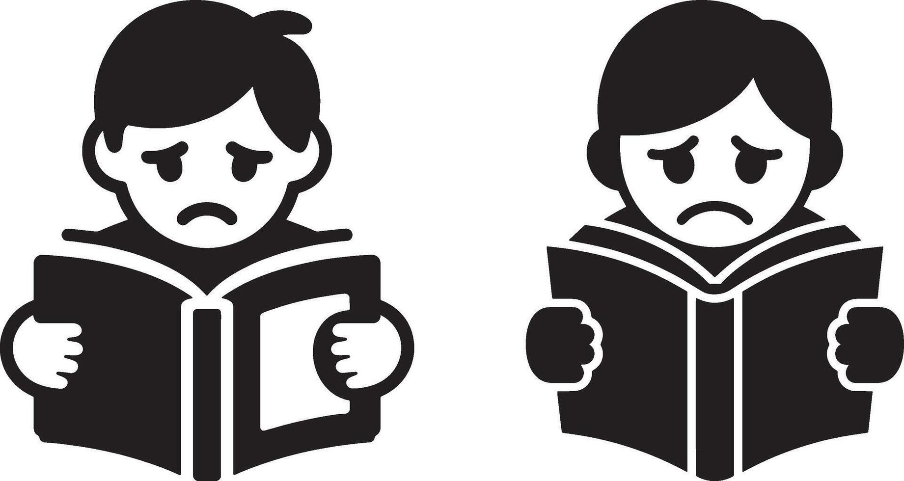 Sad Students Reading Books Icons - Disappointed Kids Learning, Education Challenges, Stress, Frustration, School Problems vector