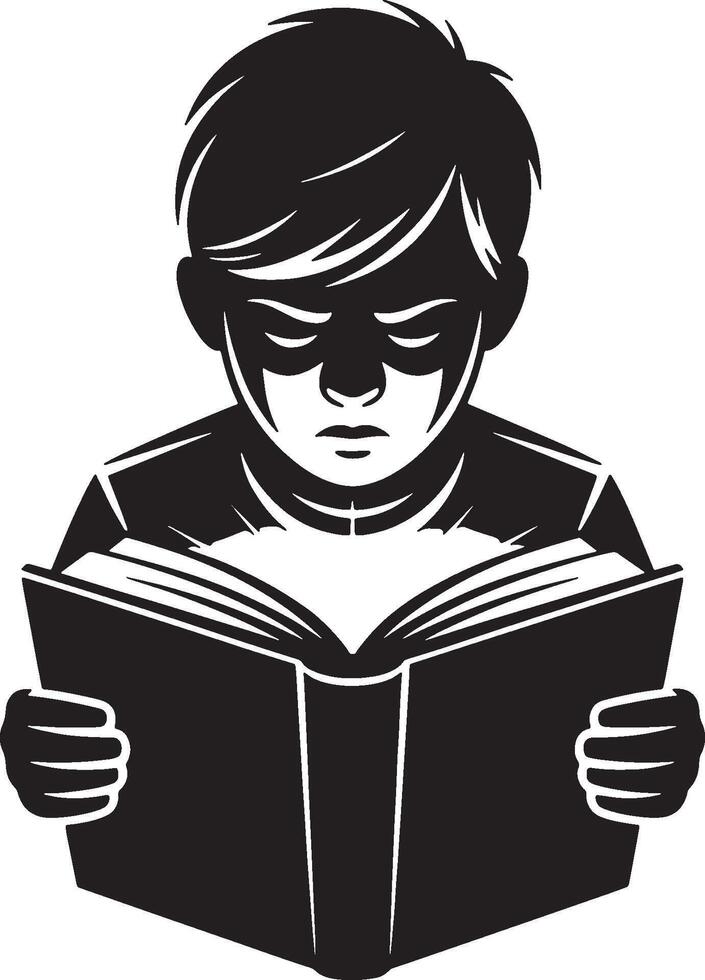 Intense Boy Reading Book Icon, Serious Student Studying with Shadowed Face. Education, Knowledge, and Concentration Concept Illustration. vector
