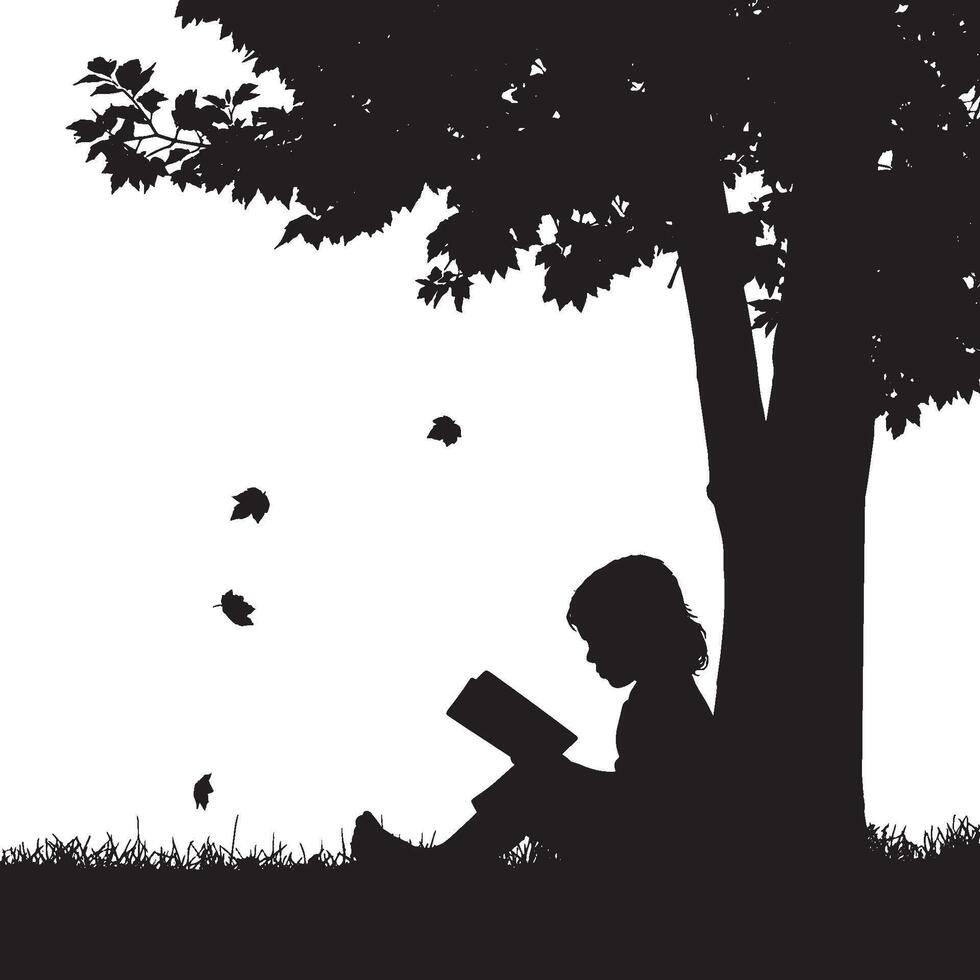 Child Reading Book Under Tree Silhouette with Falling Leaves Peaceful Autumn Scene for Education, Nature, and Tranquil Childhood. vector