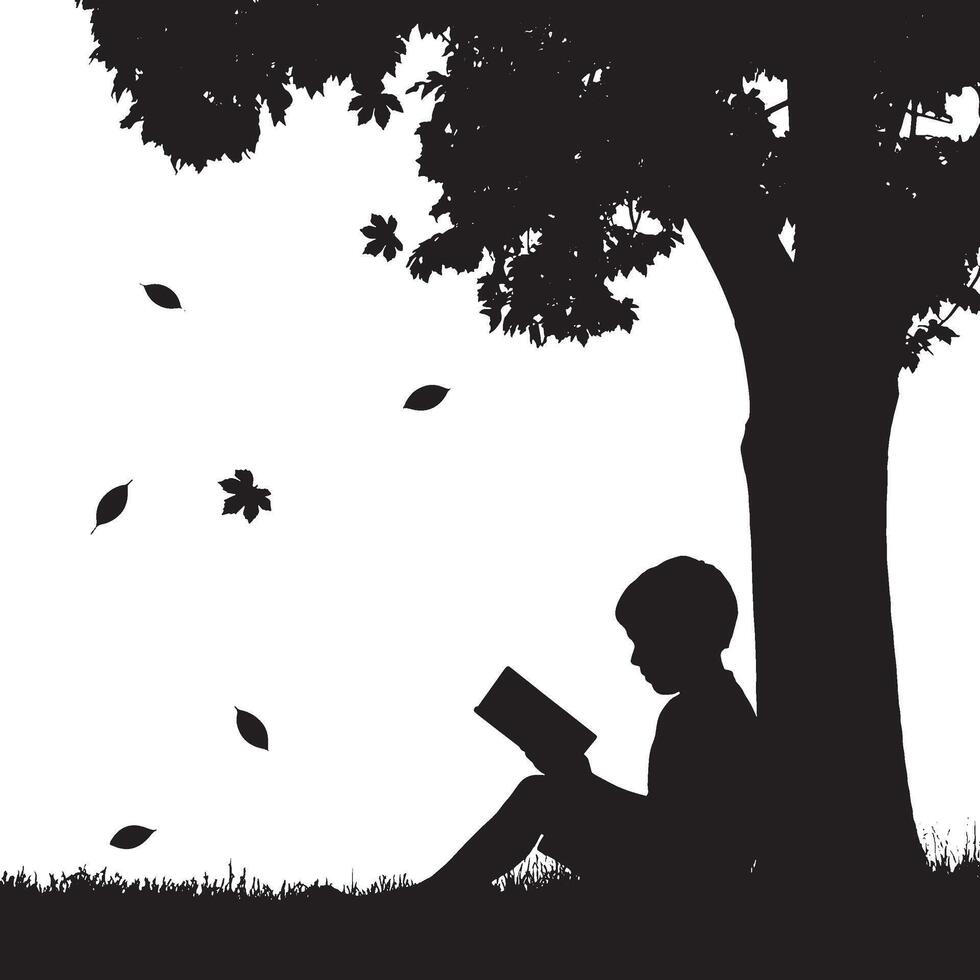 Child Reading Book Under a Tree with Falling Leaves Silhouette - Peaceful Autumn Scene for Education, Nature, and Solitude vector