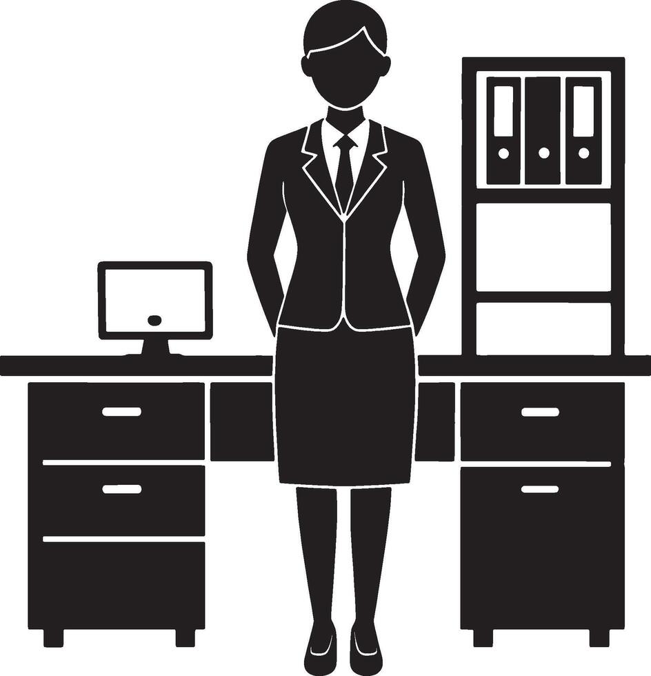 Businesswoman at Office Desk Icon Of Professional Female Employee, Secretary, or Manager Symbol for Corporate Environment vector