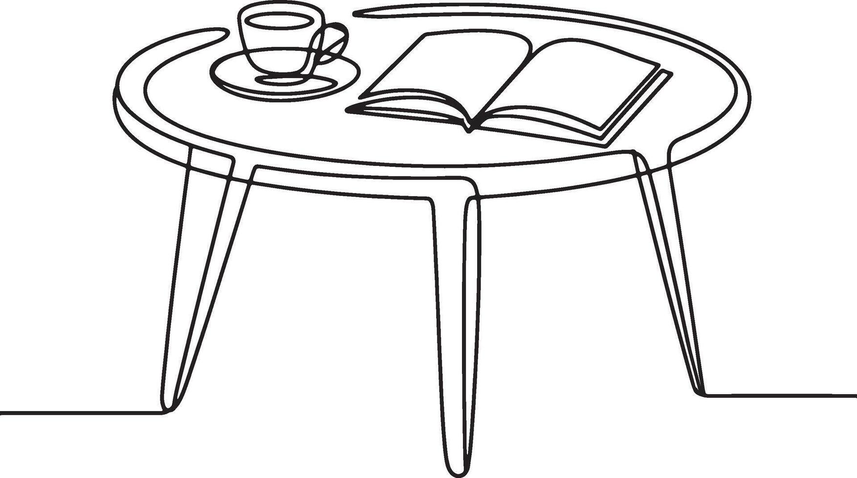 Coffee Table with Open Book and Cup, Continuous Line Art for Relaxation, Home Decor, Reading, and Lifestyle Concepts vector