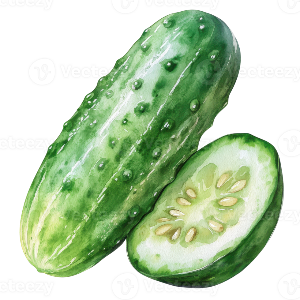 Cucumber and slice art on transparent background. png