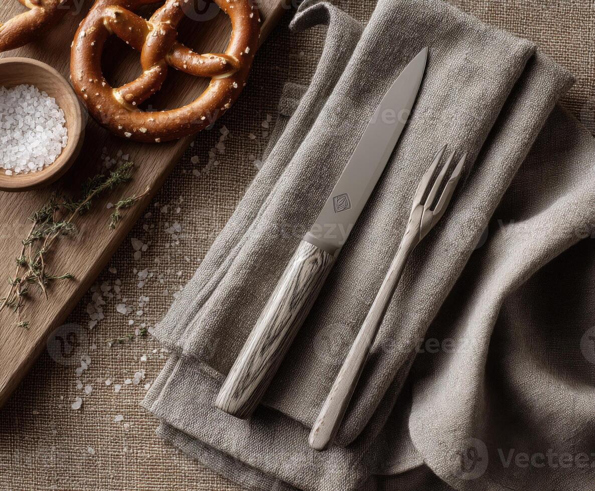 Pretzel and salt with knife and fork on linen napkin photo