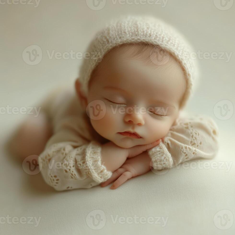 Sleeping baby in soft knit hat captured in serene moment of tranquility indoors photo
