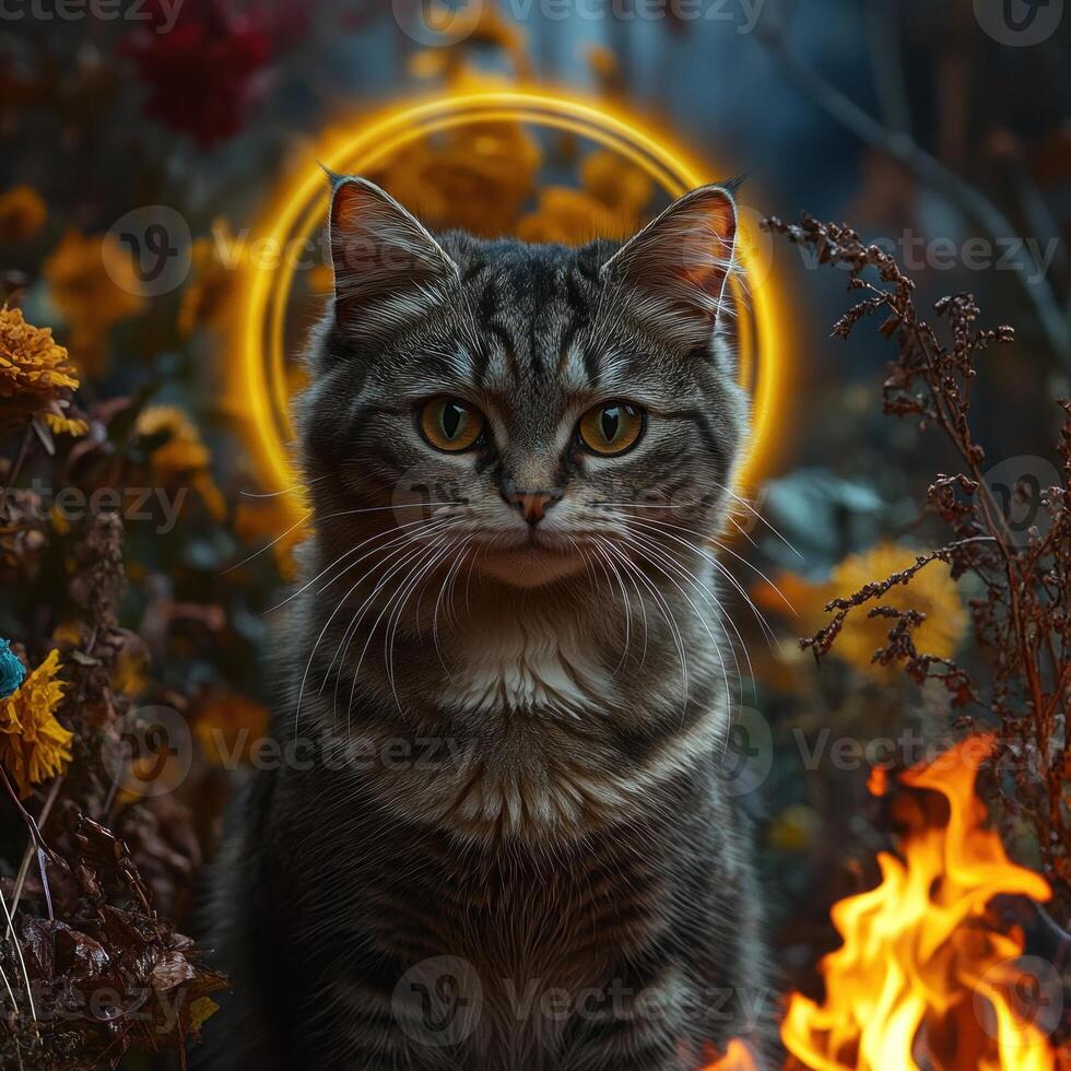 Majestic cat surrounded by vibrant flowers and mystical flames at twilight photo