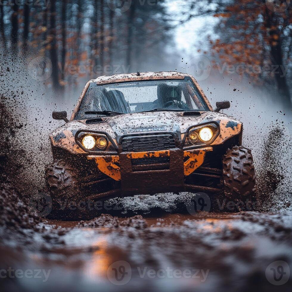 Adventure in the muddy forest with an off road vehicle splashing through puddles photo