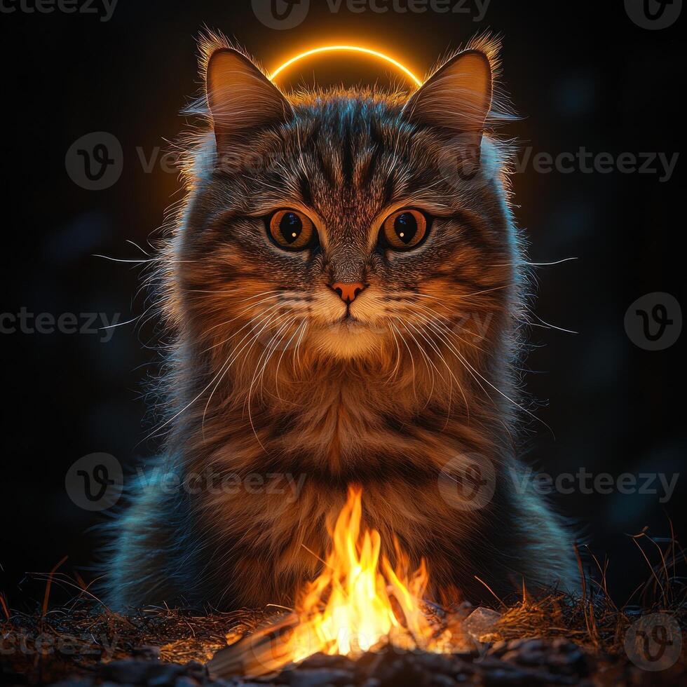 Majestic feline gazes into the warm glow of a campfire under a mystical halo photo