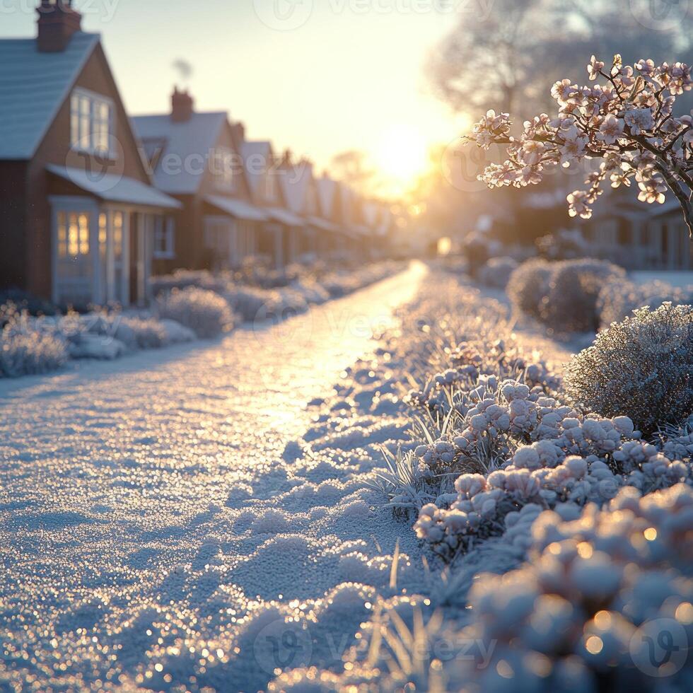 Winter morning light gently illuminating a snowy neighborhood with blooming flowers photo