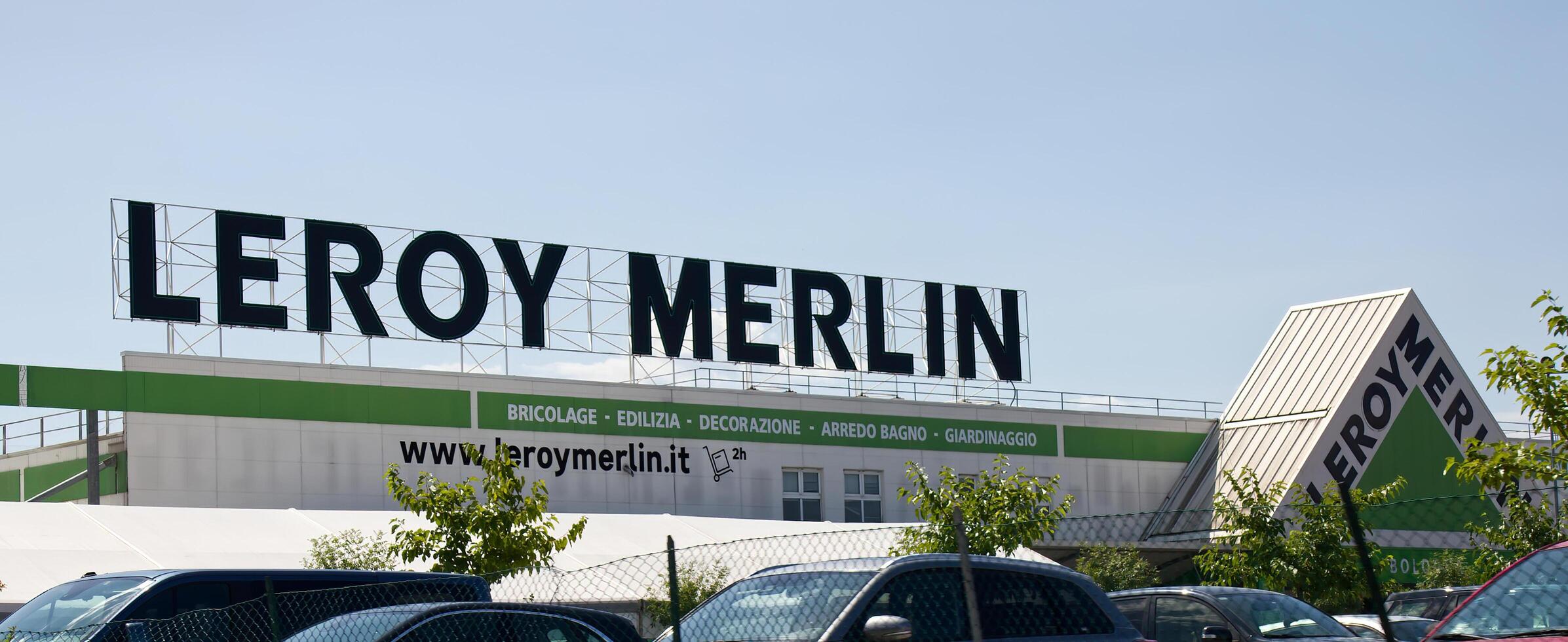 Bologna Italy July 12, 2025 Leroy Merlin diy home improvement and construction store large signage against blue sky. photo