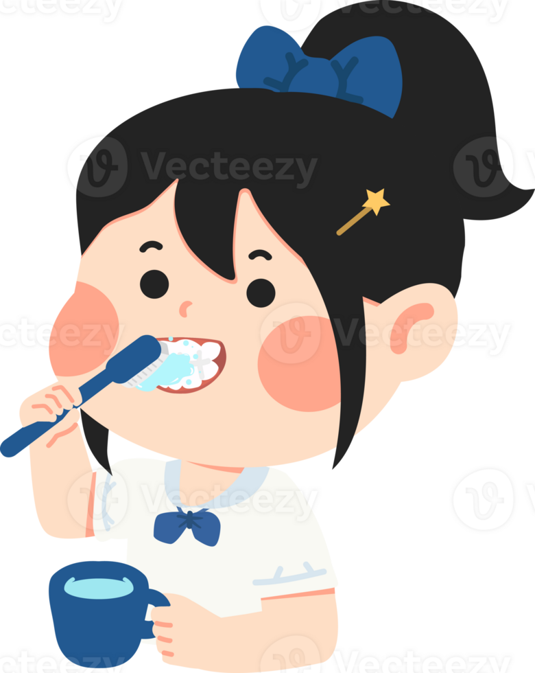 A girl brushing her teeth with a toothbrush png