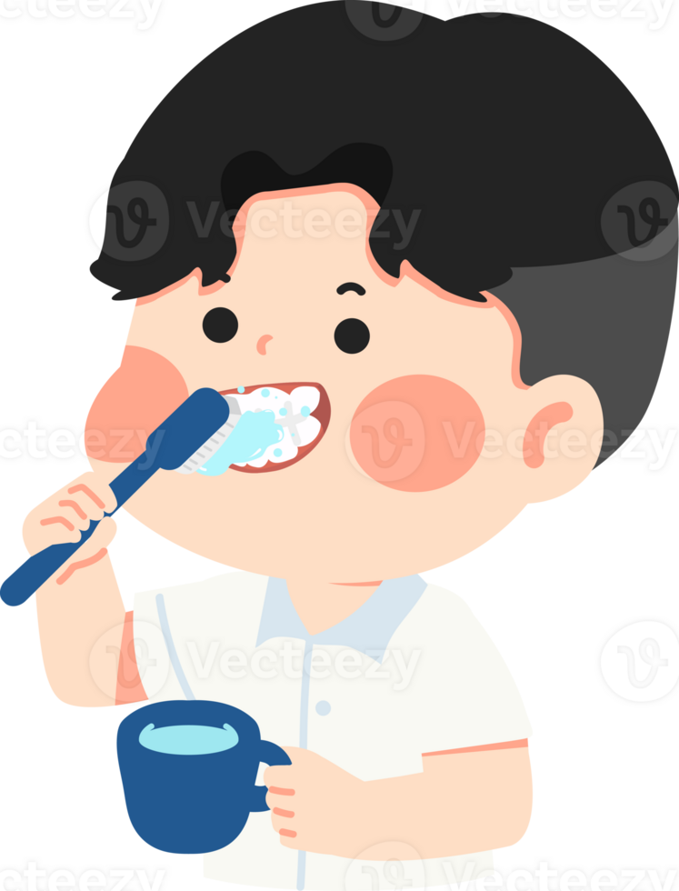A boy brushing his teeth with a cup png