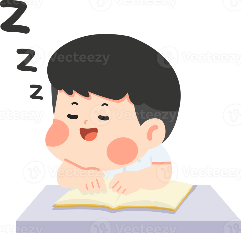 A boy sleeping on a book with his eyes closed png